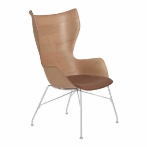 Kartell K/Wood stoel essen-Licht hout-Licht leer-Chroom