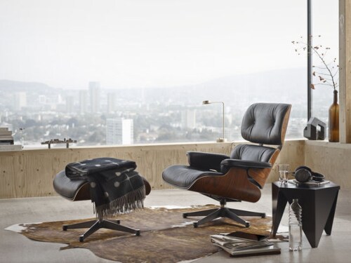 Vitra Eames Lounge chair fauteuil + Ottoman kersen zwart leer NW