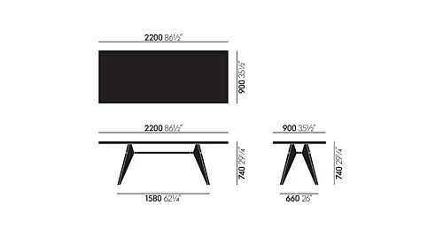 Vitra EM Table frame zwart eetkamertafel-220x90 cm