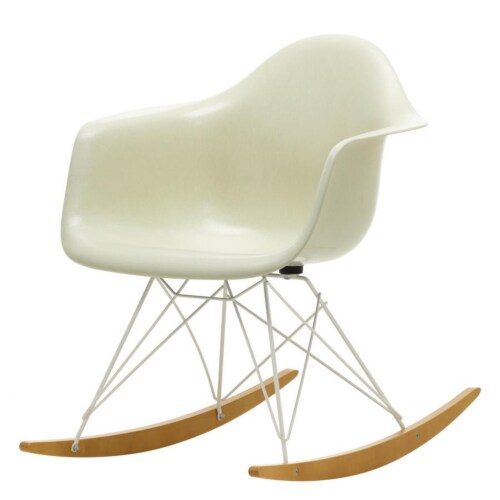 Vitra Eames RAR Fiberglass schommelstoel met wit onderstel-Elephant Hide Grey-Esdoorn goud